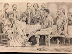 Jesus washing the foot of a black man while the disciples look on.