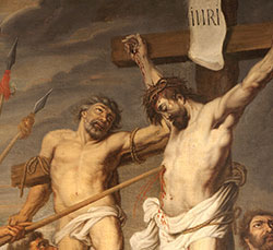 Artwork of Jesus on the cross, and Dismas next to him. Jesus has a spear in his side, and more spearheads threaten.