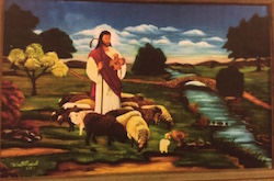 Painting of Jesus in a pastoral setting holding a crook and guiding a flock of sheep.