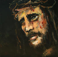 Painting of Jesus wearing a crown of thorns and with blood dribbling down his cheeks.