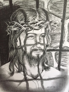 Sketch of Jesus wearing crown of thorns with shadows of prison bars falling across his face.
