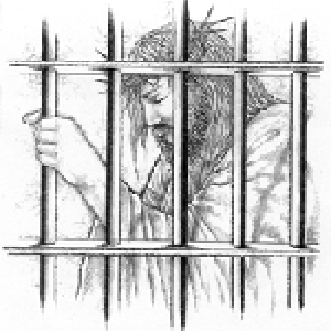 Artist rendering of Jesus in Prison, and the cell being locked.